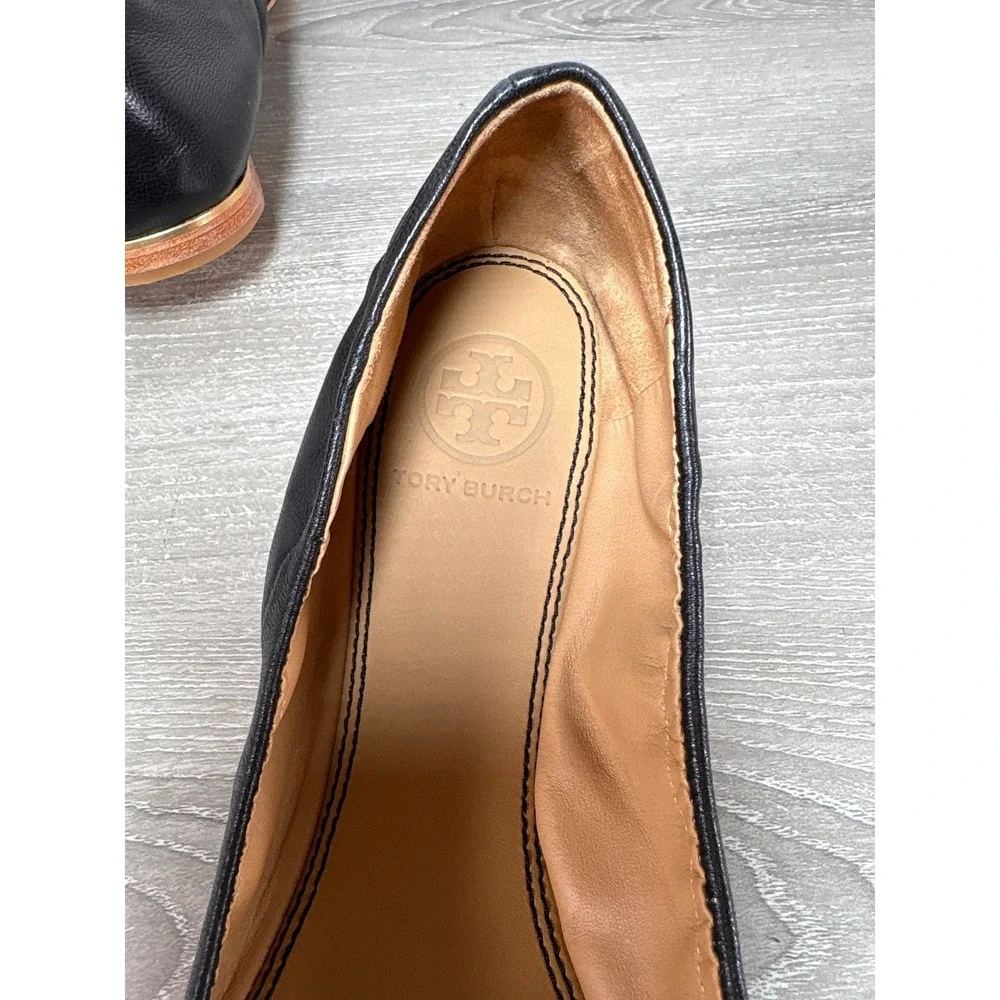 Tory Burch Minnie Cap Toe Ballet Flat Perfect Black Leather Gold Logo Size US 6M